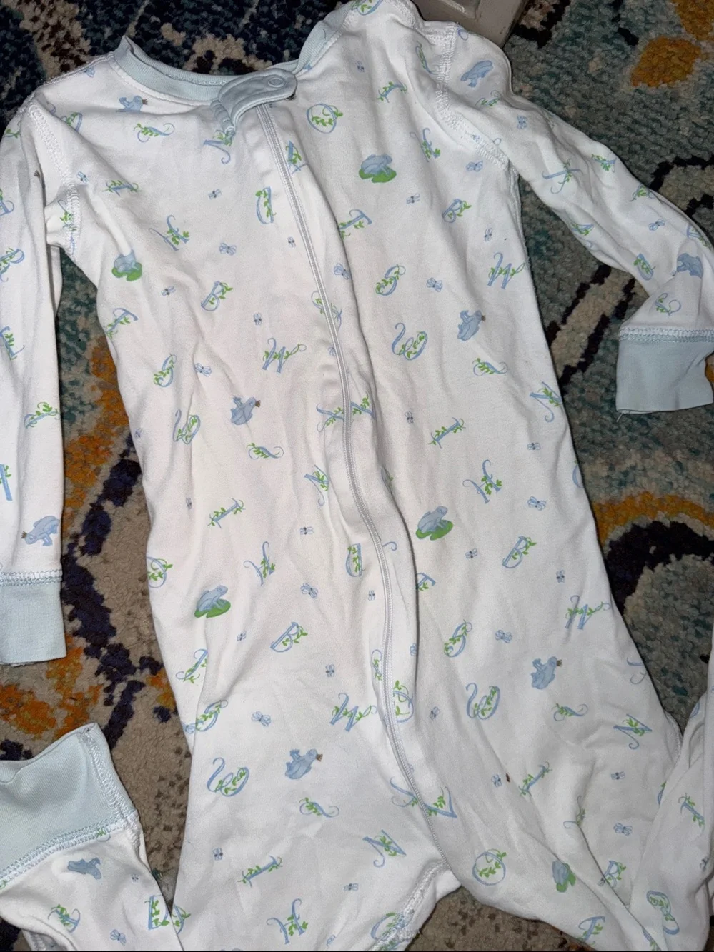 Unbranded Baby Footed Sleeper in White with Blue & Green Prints